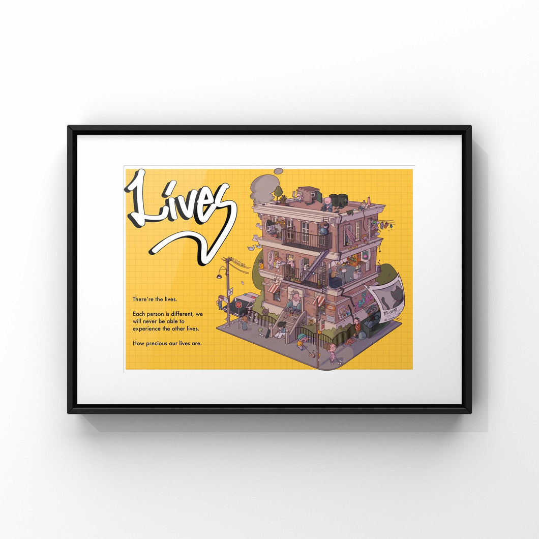"LIVES" Ryuse. Framed print work / frame A3 / A4